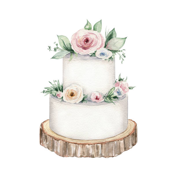akwarela tort weselny ilustracja na białym tle. rustykalny wystrój ślubny - tort weselny stock illustrations