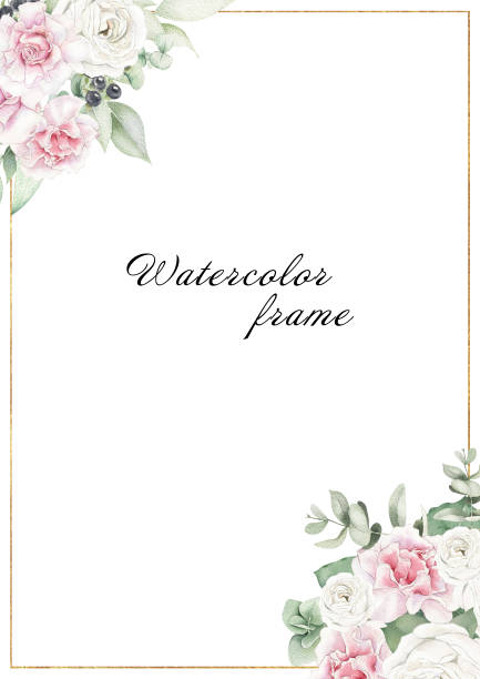 인쇄 디자인을 위한 수채화 꽃과 금색 프레임. 장식 템플릿입니다. 아름 다운 초대장, 인사말 카드 그림, 웨딩 디자인 - wedding invitation rose flower floral pattern stock illustrations