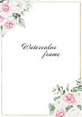 istock Watercolor floral and gold frame for print design. Decorative template. Beautiful invitation, greeting card illustration, wedding design 1436942405