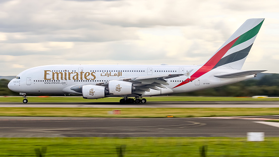 Manchester Airport, United Kingdom - 15 September, 2022: Emirates Airbus A380 (A6-EOB) departing for Dubai, United Arab Emirates.