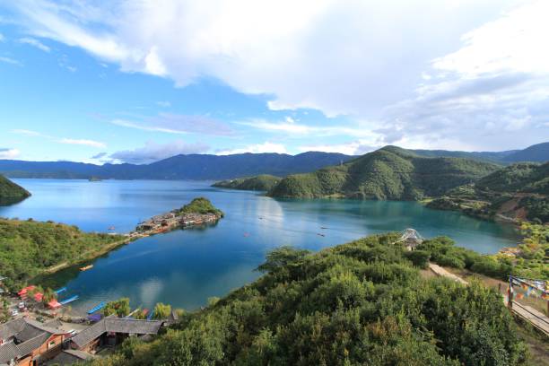 istock Aerial view of lake surrounded by dense trees and greenery mountains 1436943311