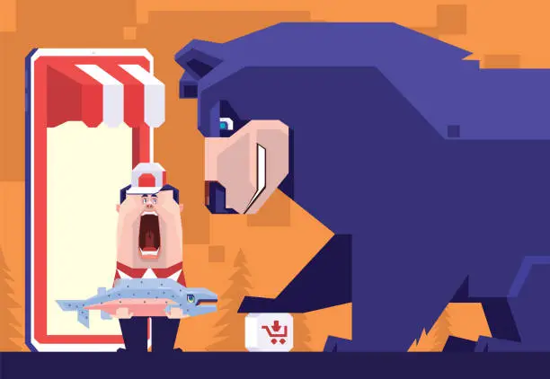 Vector illustration of courier holding fishing and screaming while meeting bear with smartphone