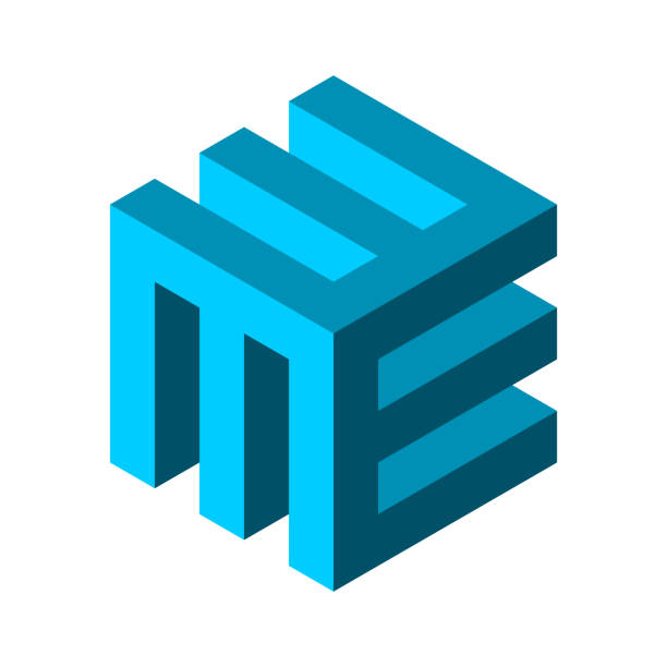 MEE letter logo. 3D letter M and E cube. Blue geometric hexagon shape. Electronics industry concept. Three layers object. Construction and building ideas. Box monogram. Vector illustration, clip art. 3d corporate logo stock illustrations