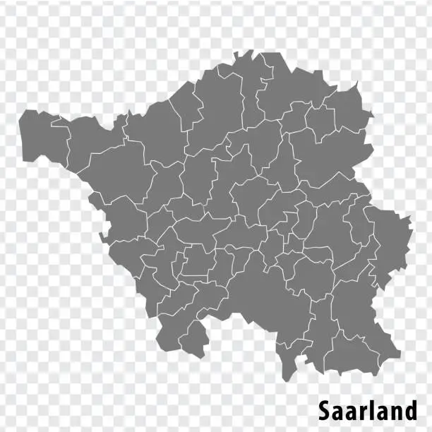 Vector illustration of Map State of Saarland on transparent background. Saarland map with  districts  in gray for your web site design, logo, app, UI. Land of Germany. EPS10.