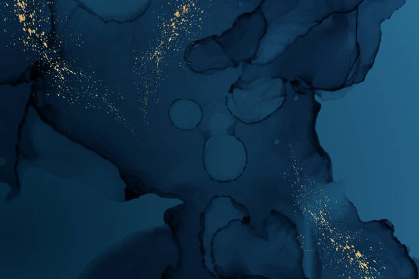 istock Watercolor background with abstract navy blue ink waves and golden splashes. 1436947040