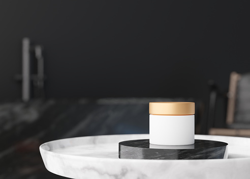 White and golden, blank, unbranded cosmetic cream jar standing on the table at home. Skin care product presentation. Elegant mockup. Skincare, beauty and spa. Jar with copy space. 3D rendering