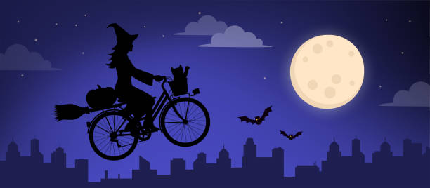 ilustraciones, imágenes clip art, dibujos animados e iconos de stock de bruja aterradora montando en bicicleta y volando - city night spooky skyline