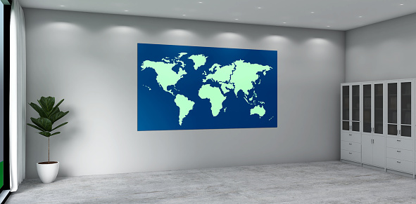 3d rendering of working room with world map