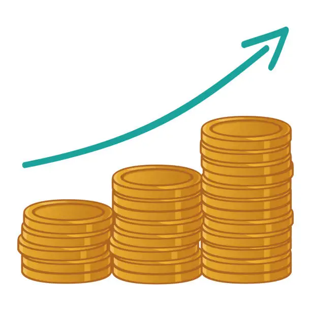 Vector illustration of Gold Coins Cash Money Piles Arrow  Growing Upward Business Financial Investment Vector Illustration Icon