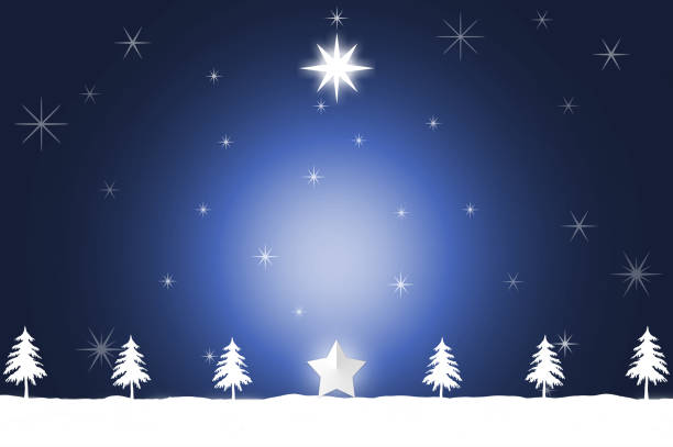 istock Christmas trees and stars, white snowscape background illustration 1436952262