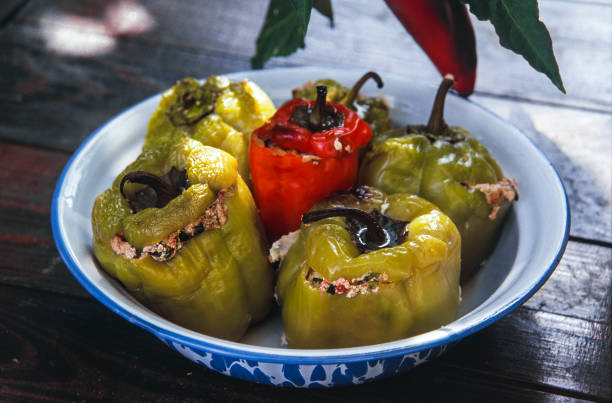 Stuffed peppers with cheese, a local Turkish dish. This stuffed stuffed with olive oil belongs to the Mediterranean region.