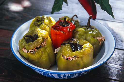 Stuffed peppers with cheese, a local Turkish dish. This stuffed stuffed with olive oil belongs to the Mediterranean region.