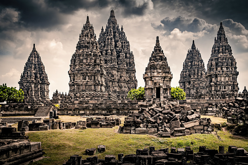 Prambanan temple with the ancient ruins in front. Largest Hindu temple. Historic sacred building. Java, Indonesia