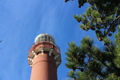 A low angle shot of Barnegat Lighthouse. Barnegat Lighthouse State Park, New Jersey, United States.
