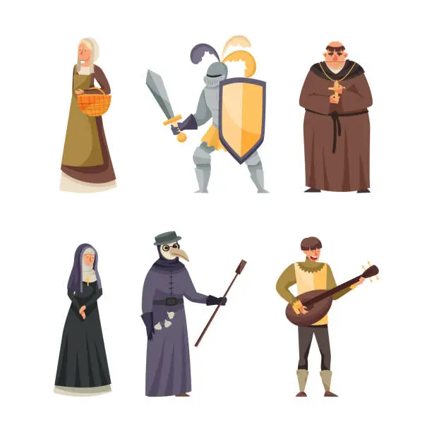 Vector illustration of Medieval people set. Monk, peasant woman, doctor, minstrel, knight, nun cartoon vector illustration