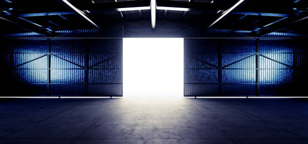 istock Big Empty Steel Concrete Hangar Warehouse Barn Huge Space Bright Daylight Entrance Modern Workshop Car Garage Depot 3D Rendering 1436958499