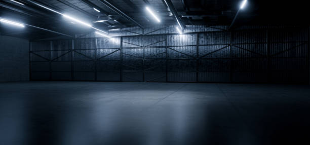 istock Grunge Studio Showroom Big Empty Steel Concrete Hangar Warehouse Barn Huge Space Dark Night Led Lights Modern Workshop Car Garage Depot 3D Rendering 1436959287