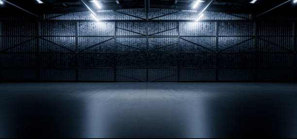 istock Grunge Studio Showroom Big Empty Steel Concrete Hangar Warehouse Barn Huge Space Dark Night Led Lights Modern Workshop Car Garage Depot 3D Rendering  Illustration 1436959333