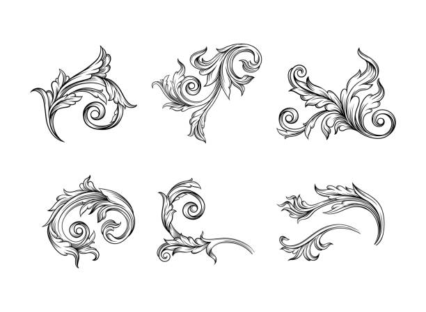 ilustrações, clipart, desenhos animados e ícones de pergaminho barroco como elemento de ornamento e design gráfico com espirais e rolo de vetor do círculo de rolamento - fretwork