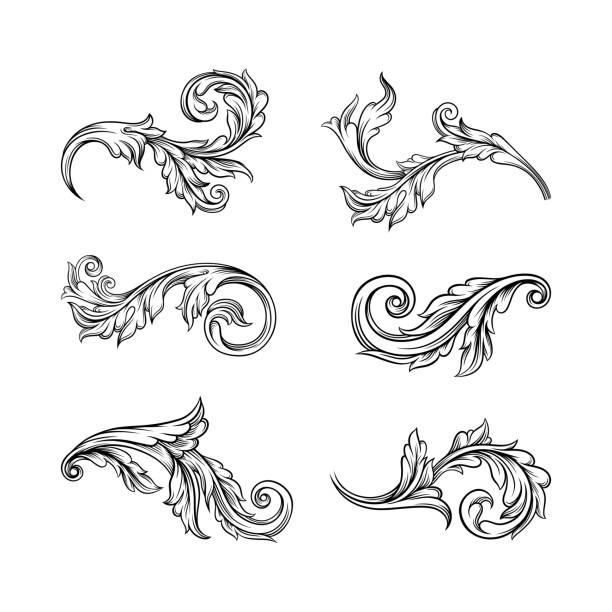 ilustraciones, imágenes clip art, dibujos animados e iconos de stock de pergamino barroco como elemento de ornamento y diseño gráfico con espirales y conjunto vectorial de motivos de círculo rodante - acanto
