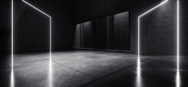 istock Neon Laser White Lights Hangar Garage Studio Rough Concrete Cement Asphalt Realistic Tunnel Corridor Hallway Showroom Warehouse Basement Spotlight Studio Underground 3D Rendering 1436959482