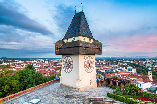 The landmark of Graz. The clocktower is located on a hill in the center of the city