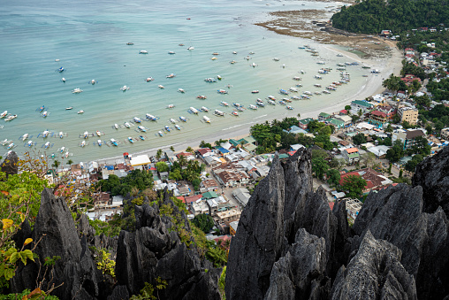 An aerial view of the beach and town of El Nido, Palawan archipelago, in the Philippines