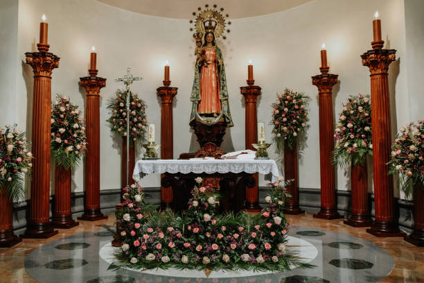 istock Church altar decorated with flowers for a wedding ceremony 1436961478
