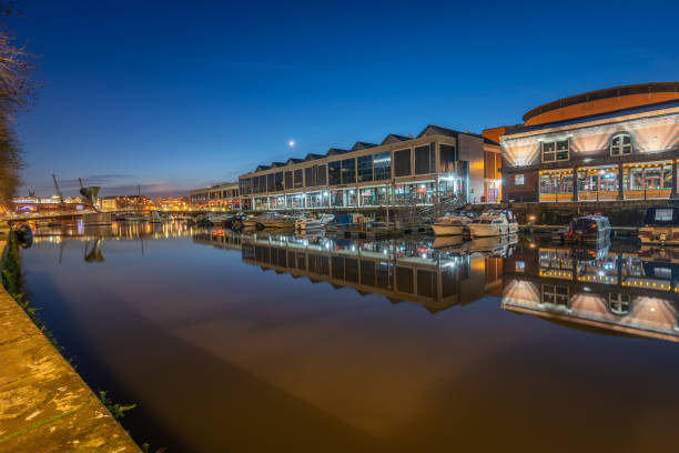 Bristol, United Kingdom – January 16, 2021: Nightfall over Bristol's harbour during lockdown January 2021.