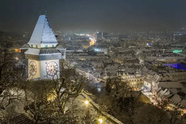 Winter in Graz - view from the landmark hill Schlossberg in the middle of the historic old town