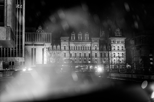 The New York State Capitol building in Albany, New York, during a rainstorm