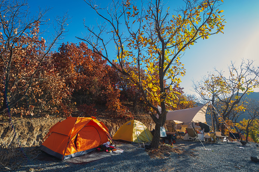 Camps with orange outer fly on a Camp Ground. Nag Tibba, Himalayan region of Uttarakhand. Trekking And Camping