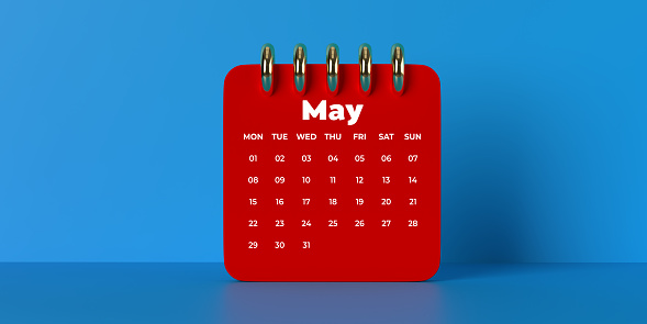 Monthly spiral desktop Calendar 2023 template: 3D illustration on blue surface, copy space. Red date planner with dropped shadow. Can be croppped to square composition. Set of 12 Months. Week starts with Monday, in English language white color.