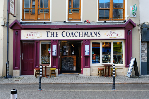 Kenmare, Ireland - 23rd September, 2020: Exterior view of a small hotel and restaurant in Kenmare. Kenmare is a popular stopping off point on the Ring of Kerry, Ireland.