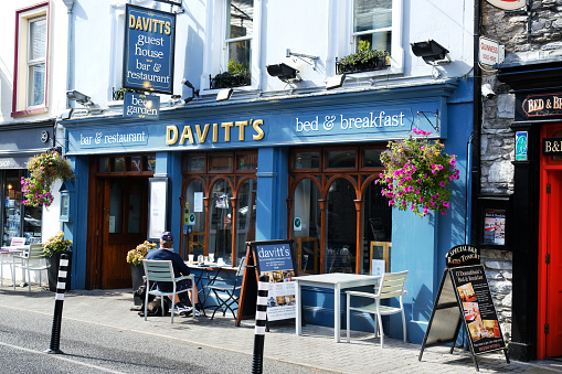 Kenmare, Ireland - 23rd September, 2020: Exterior view of a small hotel and restaurant in Kenmare. Kenmare is a popular stopping off point on the Ring of Kerry, Ireland.