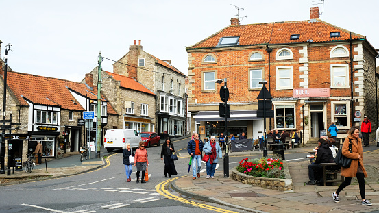 Pickering, Yorkshire, UK - 26th September, 2022: The town square of Pickering, North Yorkshire. Pickering is a bustling town on the edge of the North York Moors.