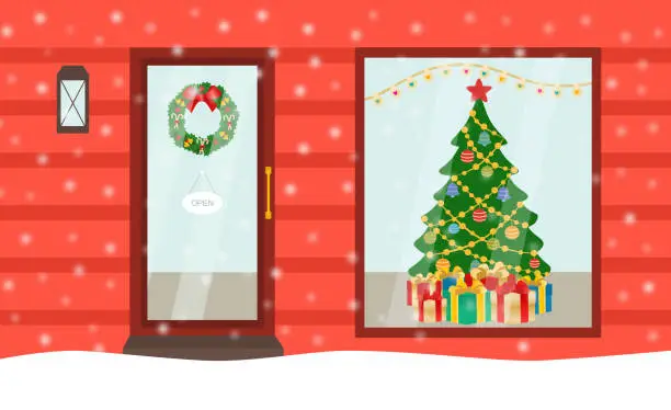 Vector illustration of Exterior Of Gift Shop With Christmas Tree, Ornaments, Christmas Wreath And Gift Boxes