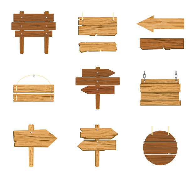 Wooden signboard Vector illustration set of different wooden signboard, plaque, planks,wooden blank, banners and ribbons. Button for games or site. Vintage or old sings, pointers collection. Flat style message of nature stock illustrations