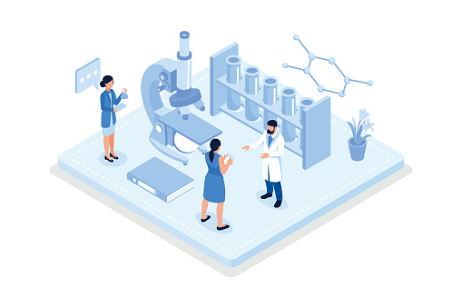 Medical Laboratory. Research, testing, studies in chemistry, physics, biology. laboratory equipment. Hands of doctor with pipette and test tube, isometric vector modern illustration