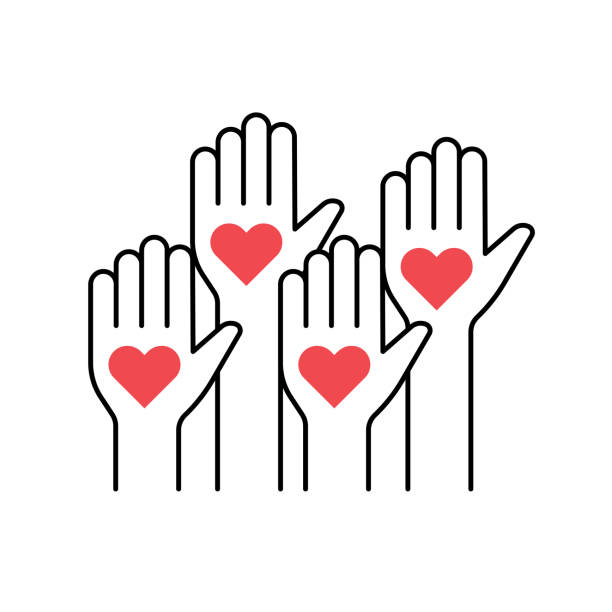 Raised up human hands with red hearts vector art illustration