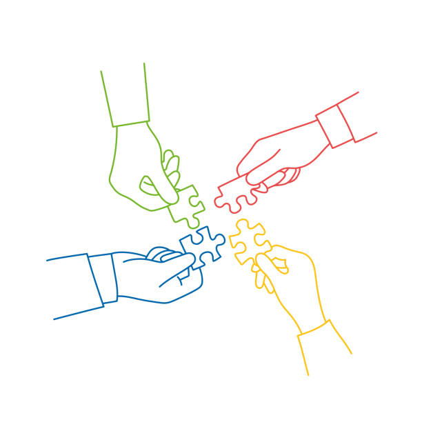 ilustrações de stock, clip art, desenhos animados e ícones de hands of business people holds in hand a jigsaw puzzle, multiethnic people. - four people illustrations