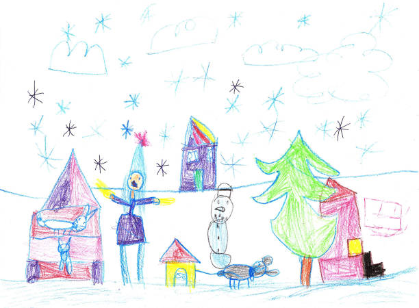 illustrations, cliparts, dessins animés et icônes de dessin d’enfant. les enfants jouent avec la neige à l’extérieur du sapin de noël. vacances, vacances, nouvel an, noël - pencil pine