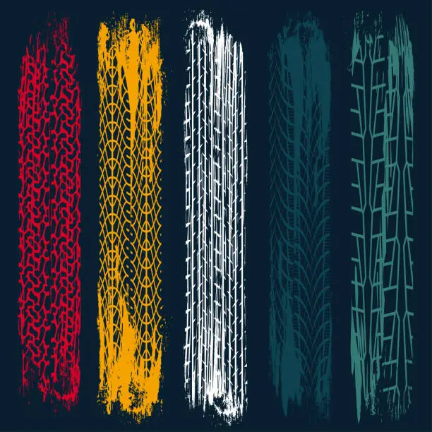 Vector illustration of Five grunge tire tracks lines