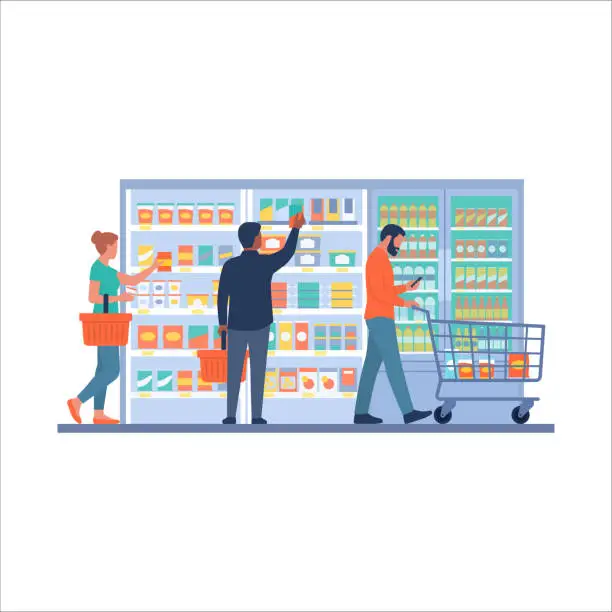 Vector illustration of People doing grocery shopping at the supermarket