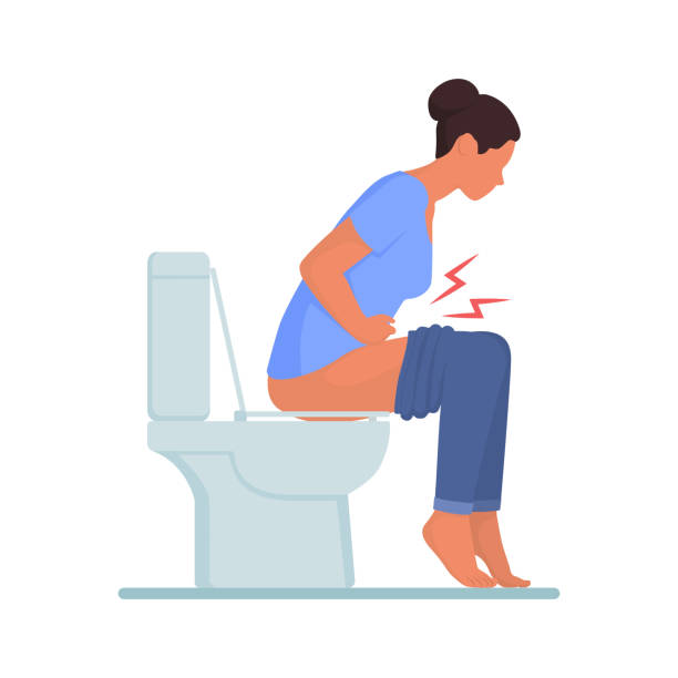 Woman sitting on the toilet and feeling painful Constipated woman sitting on the toilet, colon health and bowel diseases concept intestinal tract infection stock illustrations
