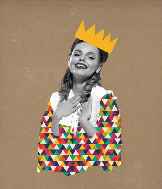 Photo of Art collage or design of happy princess in crown in magazine style. Young smiling girl or abstract woman thinking or dreaming about something on colorful background. Creative artwork.