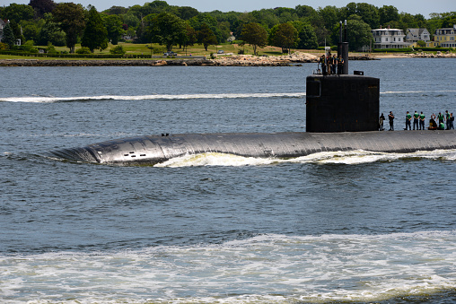 Saint John, New Brunswick, 06.25.2015\nsurfaced submarine with crew on deck