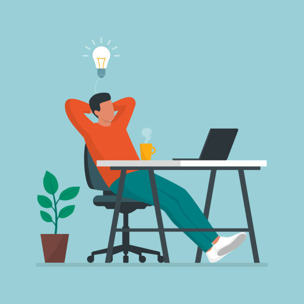 Man sitting at desk and taking a break Creative man sitting at desk and taking a break, he is relaxing with hands behind head and having a good idea effortless stock illustrations