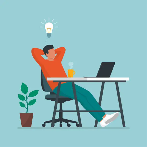 Vector illustration of Man sitting at desk and taking a break
