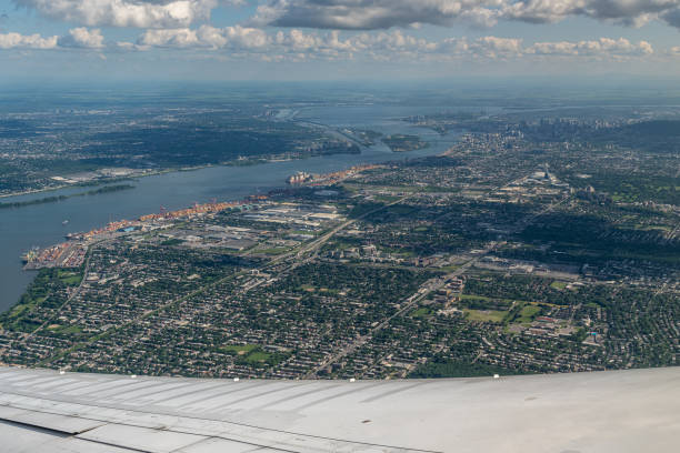istock View of Montreal, Quebec Canada from airplane window. 1436979110